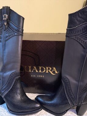 Quadra Black Leather Western Ankle Boots